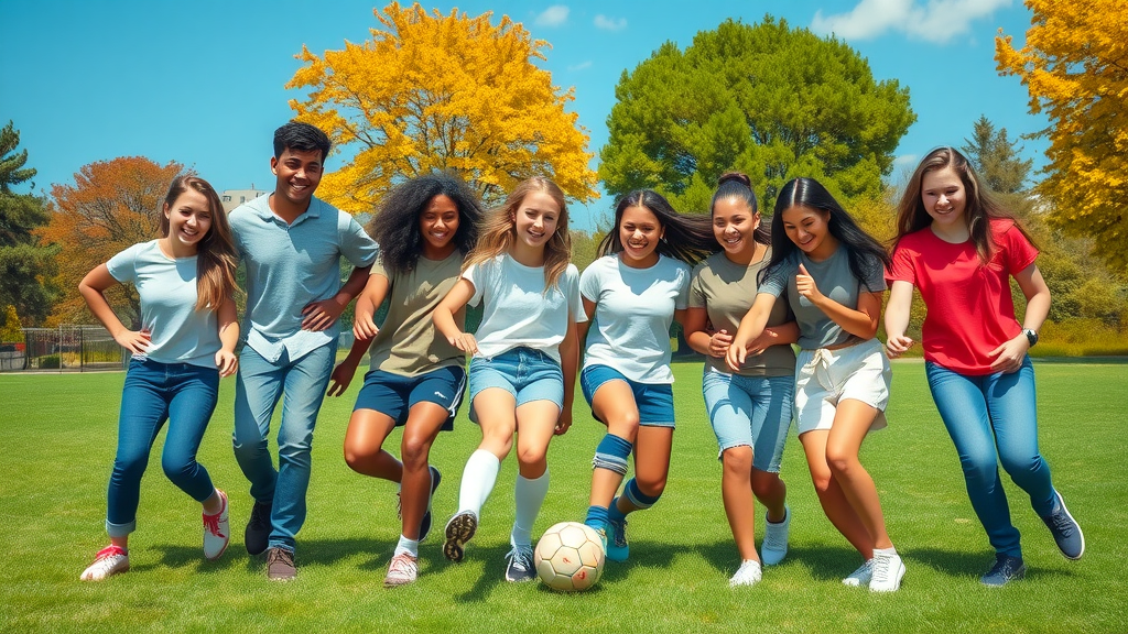 sports as a positive outlet: diverse teenagers enjoying a friendly soccer game in a sunny green park, representing youth sports and mental health benefits