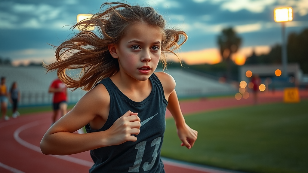 physical health benefits: motivated teen girl running on a track, demonstrating the impact of youth sports and regular physical activity
