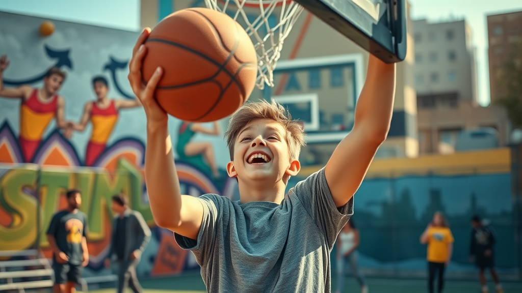 emotional well-being through sports: happy teen boy shooting basketball, representing relief from anxiety and depression via physical activity