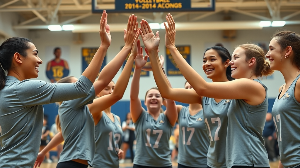 sports as a positive outlet: diverse teen team high-fiving after a volleyball match, building friendships and healthy competition through youth sports