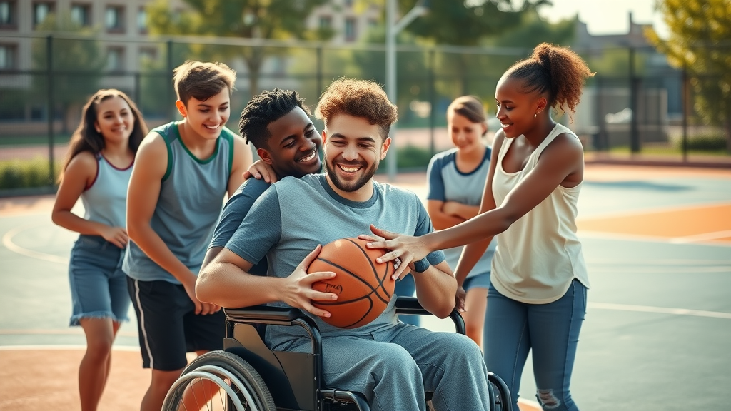 accessibility in youth sports: inclusive group of teens supporting a peer in a wheelchair to participate in basketball, highlighting equal opportunities in sports as a positive outlet