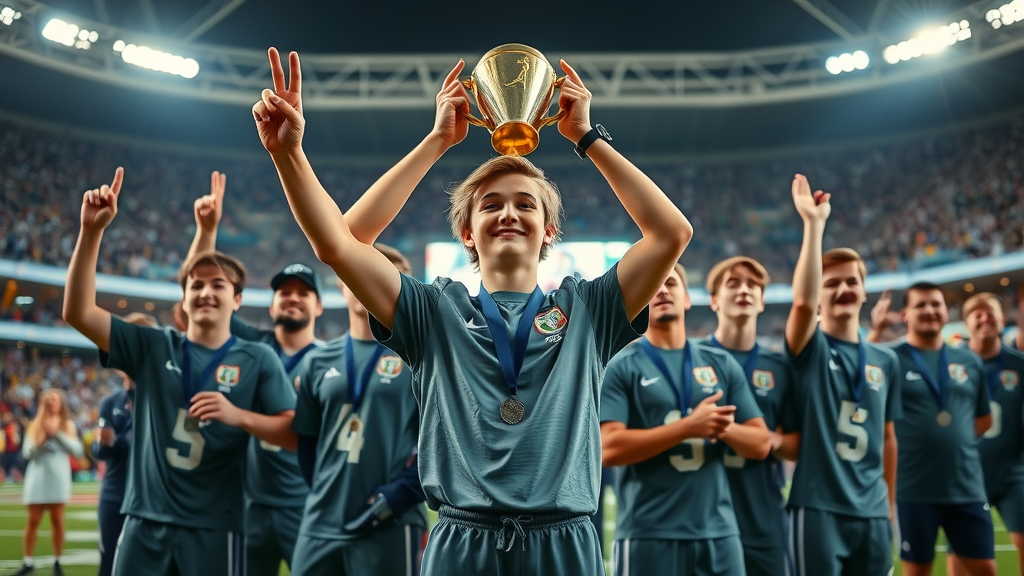 lasting benefits of sports: empowered teenager celebrating a championship win with teammates, illustrating long-term value of youth sports and mental health