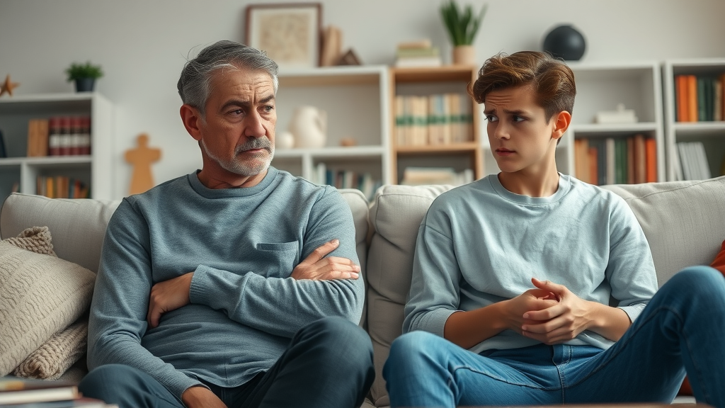 concerned parent and distant teenager sitting apart on a living room sofa, effective communication with teens
