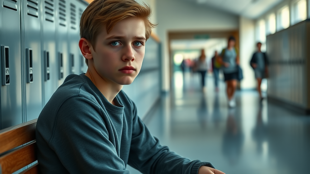 Teen exhibiting behavior issues, sitting alone in school hallway, reflective of emotional struggles in teen behavior management