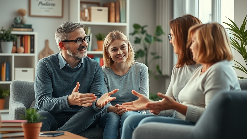 Worried parents discussing teen behavior management strategies with a counselor in a relaxed, supportive setting