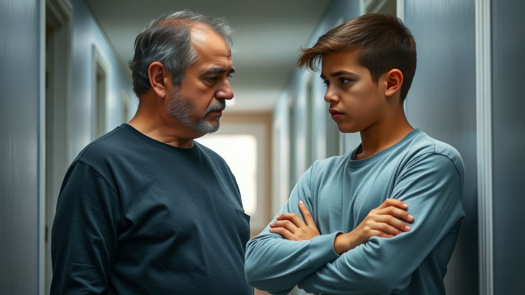 Parent addressing a defiant teenager with concern and empathy as part of effective teen behavior management