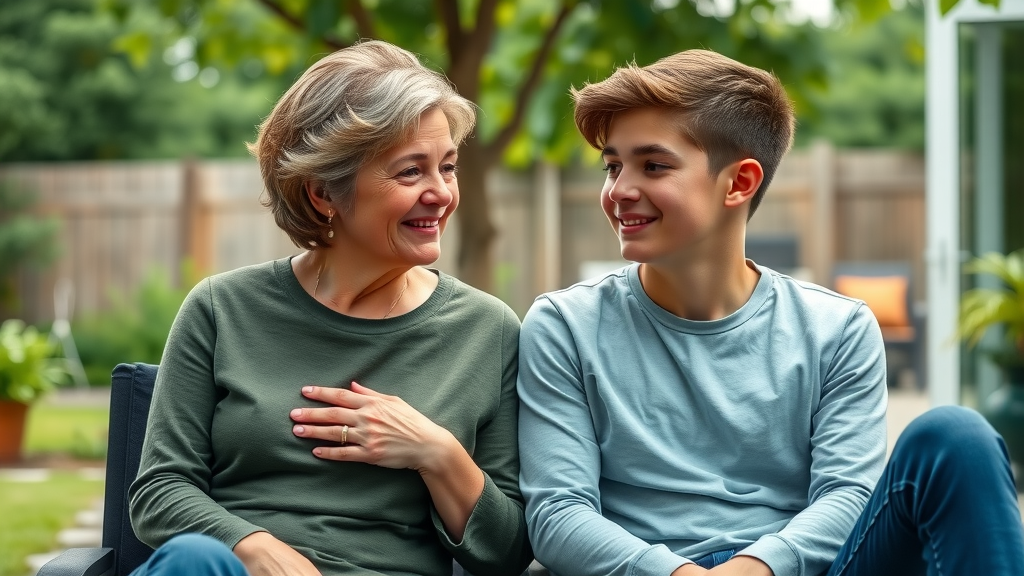 Mother and teen son practicing positive parenting in a supportive outdoor moment