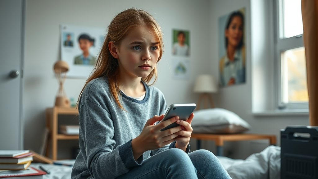 Worried teenage girl reflecting on bad behavior in bedroom