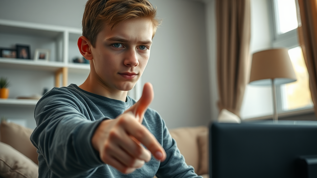 Teen boy accepting logical consequence for breaking rules by turning off game console