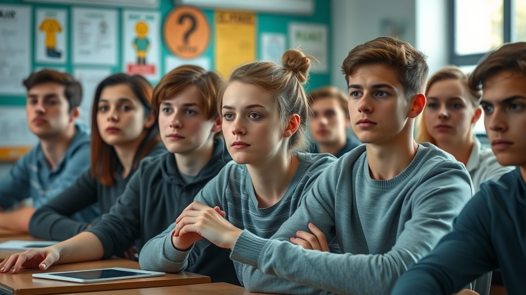 Concerned group of teenagers experiencing teen school refusal and truancy in a classroom, sitting at their desks with some looking away, school posters and backpacks in background, photorealistic detail