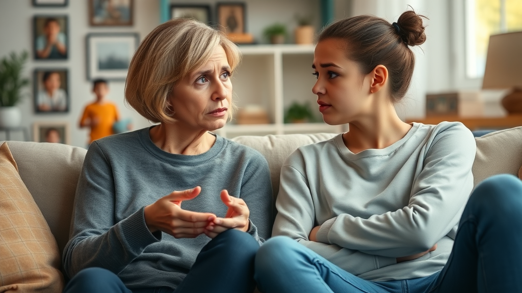 Worried mother supporting a teen showing symptoms of school refusal or truancy, sitting together in a cozy living room, natural light, family photos in background, photorealistic detail