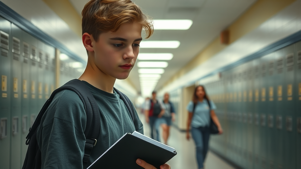 Teen dealing with teen school refusal and truancy in a school hallway, holding a notebook, lockers and classmates blurred in background, photorealistic quality