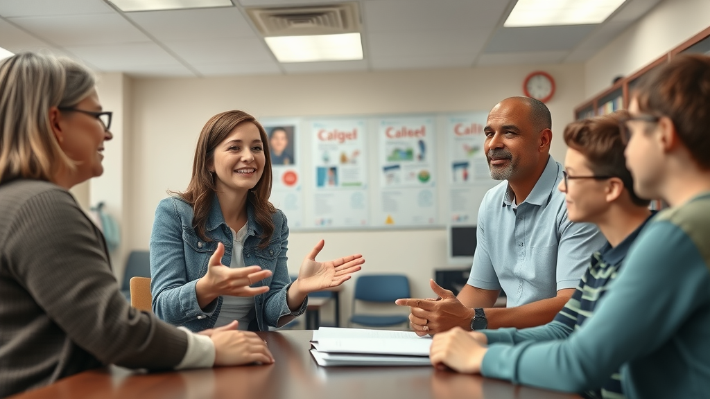 Teacher, parent, and student collaborate to address teen school refusal and truancy in a school office, discussing strategies, school counseling environment, photorealistic detail