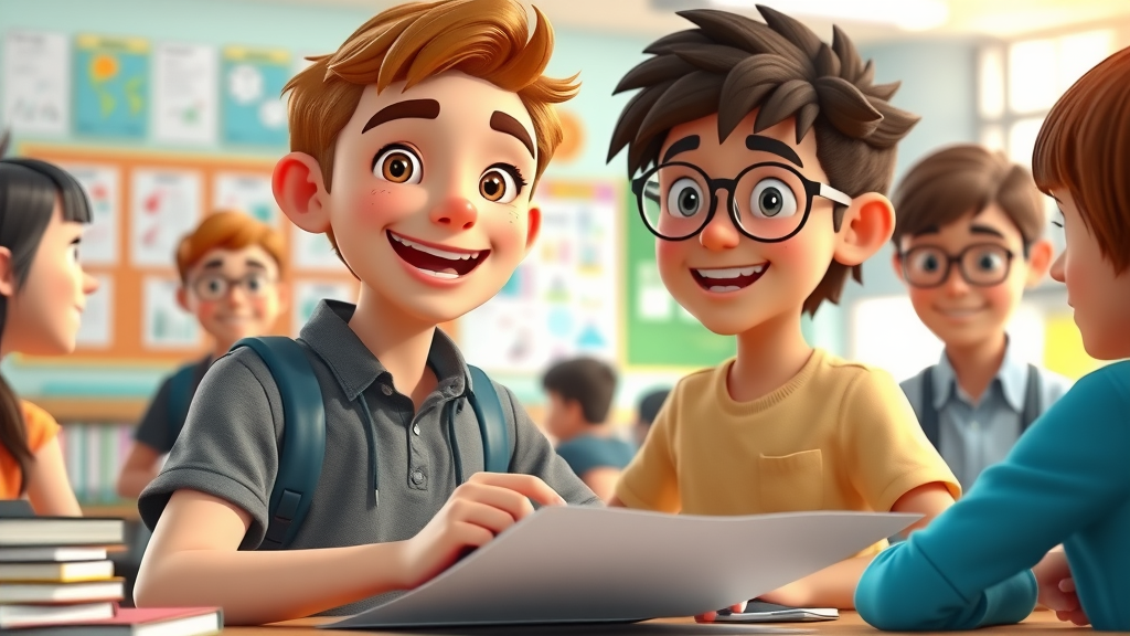 Confident teenager overcoming school refusal and truancy, working on a school project with peers in a vibrant, welcoming classroom