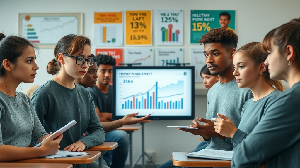 teen drug abuse statistics, diverse group of teenagers discussing data in a classroom setting with charts and digital screens, motivational posters in the background, photorealistic, natural daylighting, highly detailed, students taking notes