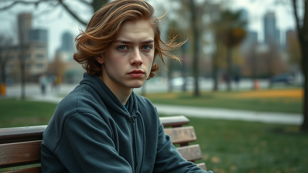 serious teenager concerned about drug abuse, sitting on city park bench, thinking deeply, muted green and gray colors, natural overcast lighting
