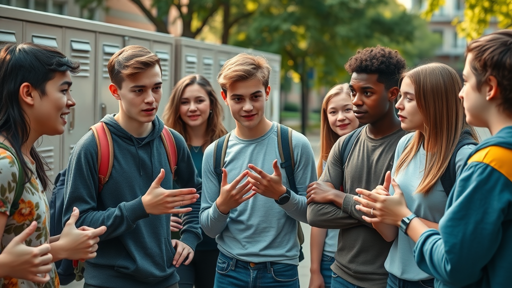 group of teenagers discussing substance abuse trends in a high school campus yard with trees and lockers, vibrant clothing, dynamic gestures, highly detailed, high contrast lighting