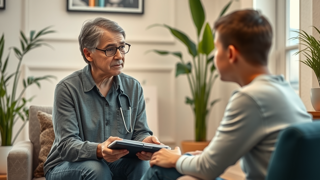 mental health counselor supporting teenager in therapy session, photorealistic, comfortable office, visible notebook and tissue box, soft ambient lighting