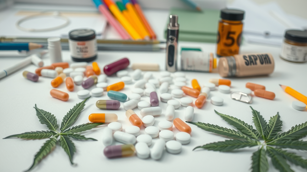 various drug types for teen drug abuse statistics, including stationary pills, capsules, vape pen, and marijuana leaves arranged realistically on a table, school supplies in background, highly detailed, soft pastel tones