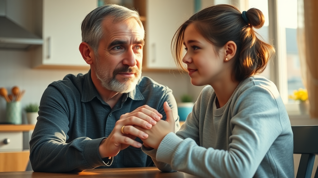 concerned parent supporting teenager about overdose death risk, sitting at kitchen table, photorealistic, bright morning light, gentle touch, warm family atmosphere