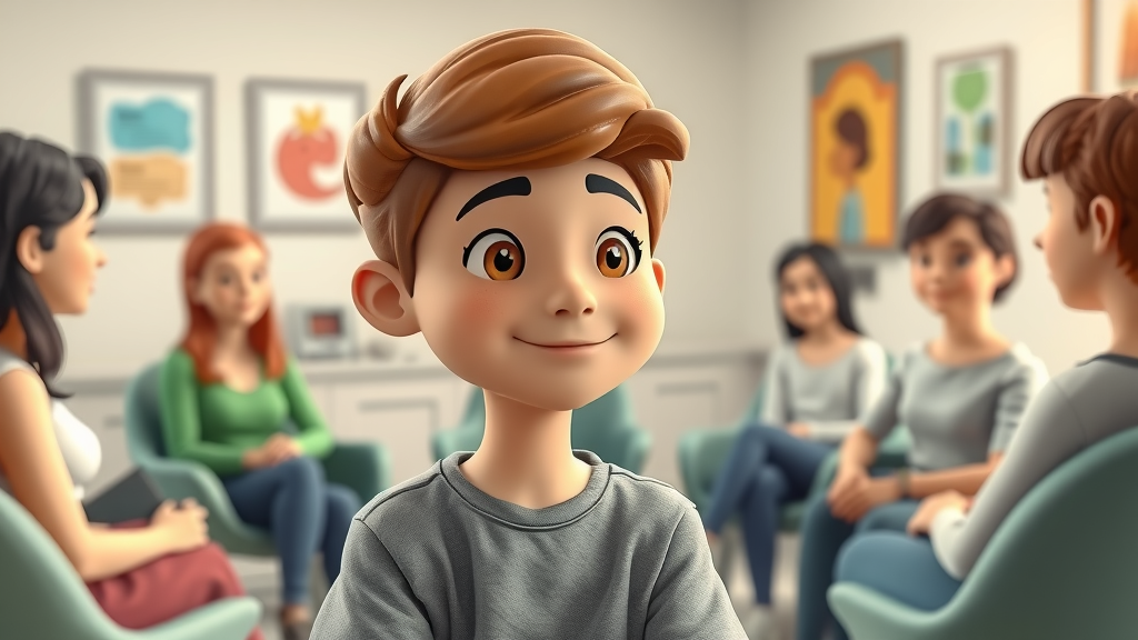 hopeful teenager in supportive group therapy in drug rehab, smiling gently, 3D cartoon, round chairs and posters in counseling room, soft pastel colors, group chatting