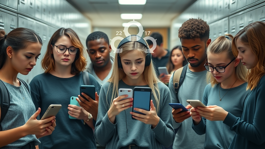 Infographic of teens and digital devices illustrating data on the effects of social media on teens
