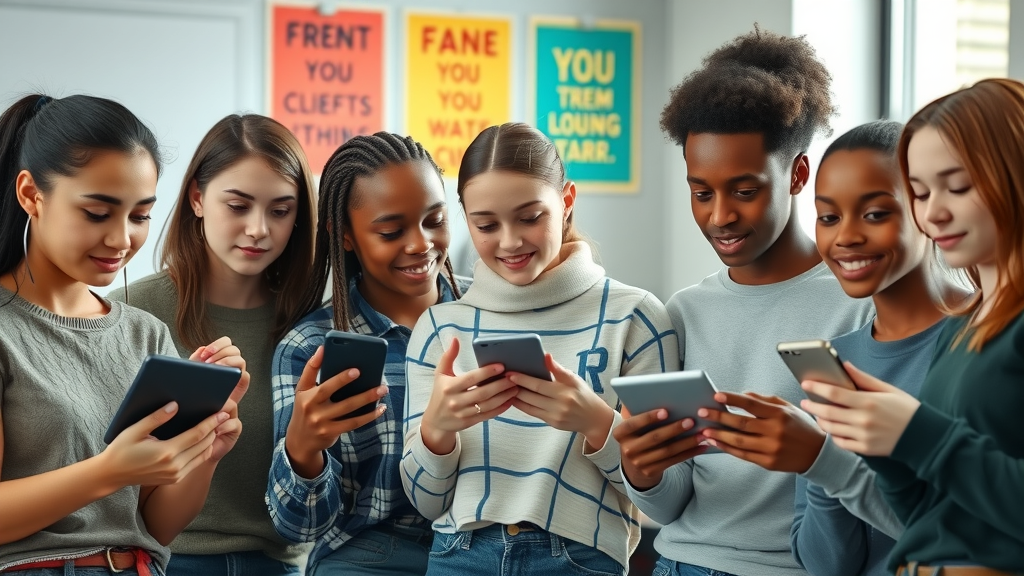 Group of diverse teens using smartphones together, showing how social media affects teen social interactions