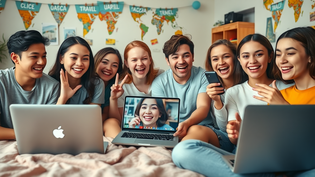 Teens joyfully video chatting from a vibrant bedroom, symbolizing positive social media connections