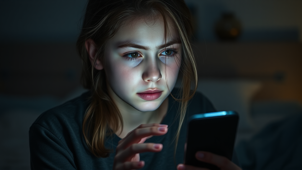 Serious teenage girl looking anxious at her smartphone, illustrating mental health effects from social media