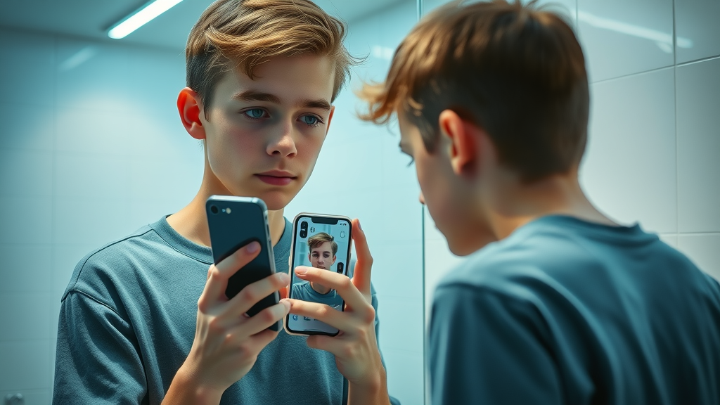 Teen boy reflecting on body image while looking at social media images in a bright modern bathroom