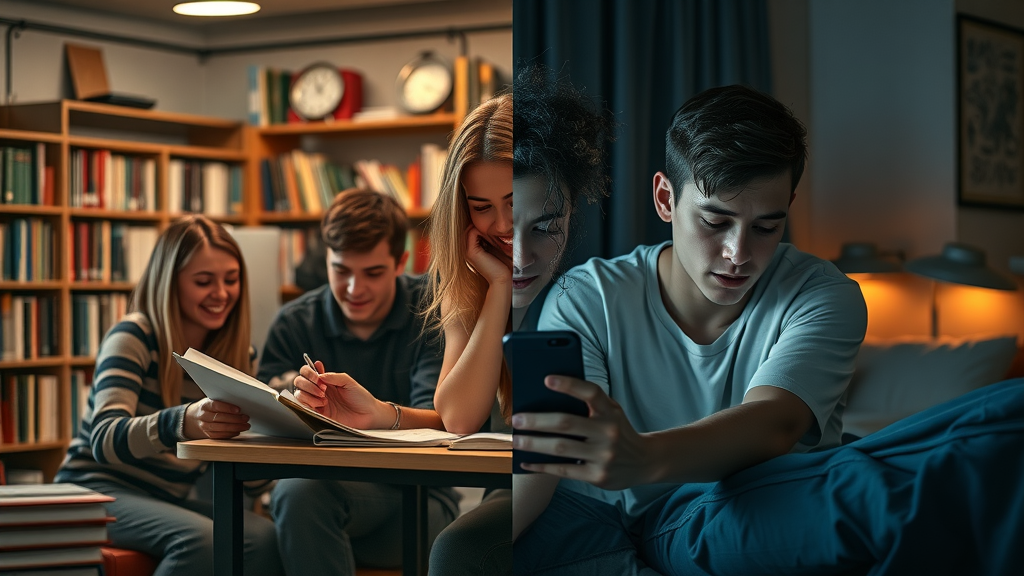 Split scene: teens laughing together in a library on one side, and a solitary anxious teen with a phone in a dark room on the other