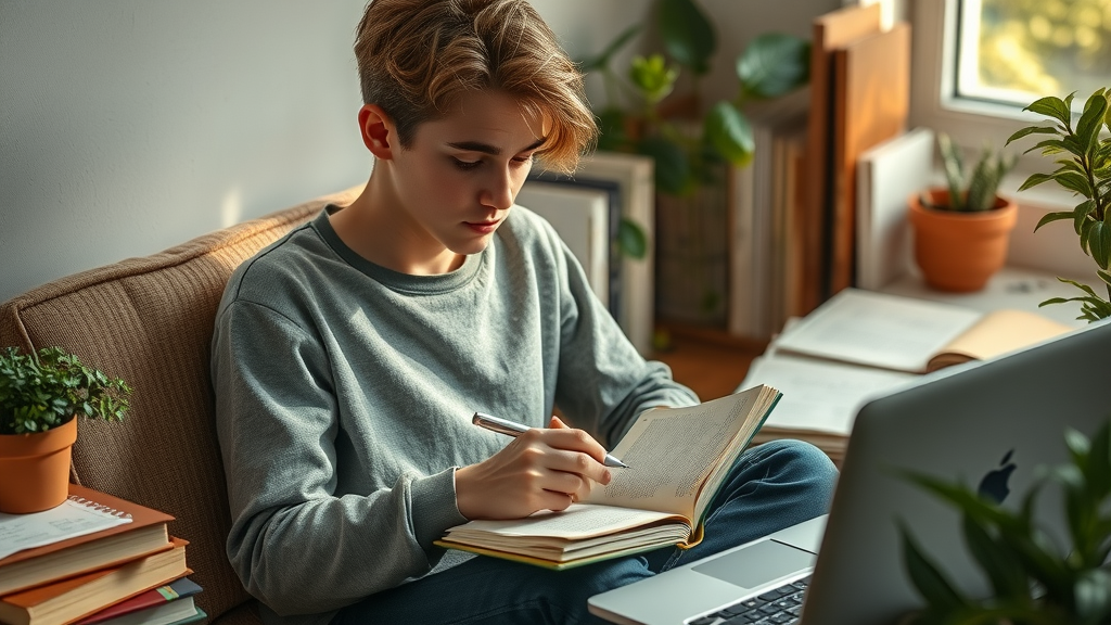 Thoughtful teen journaling about social media, seated at a cozy study nook with a smartphone nearby