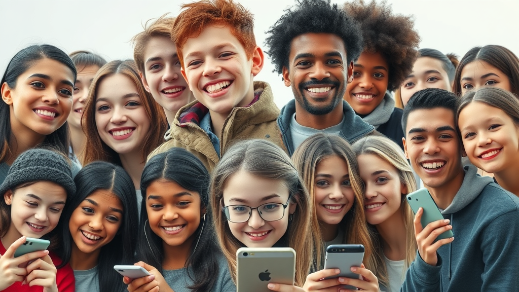 Montage of diverse teens experiencing a range of emotions, symbolizing the complex effects of social media