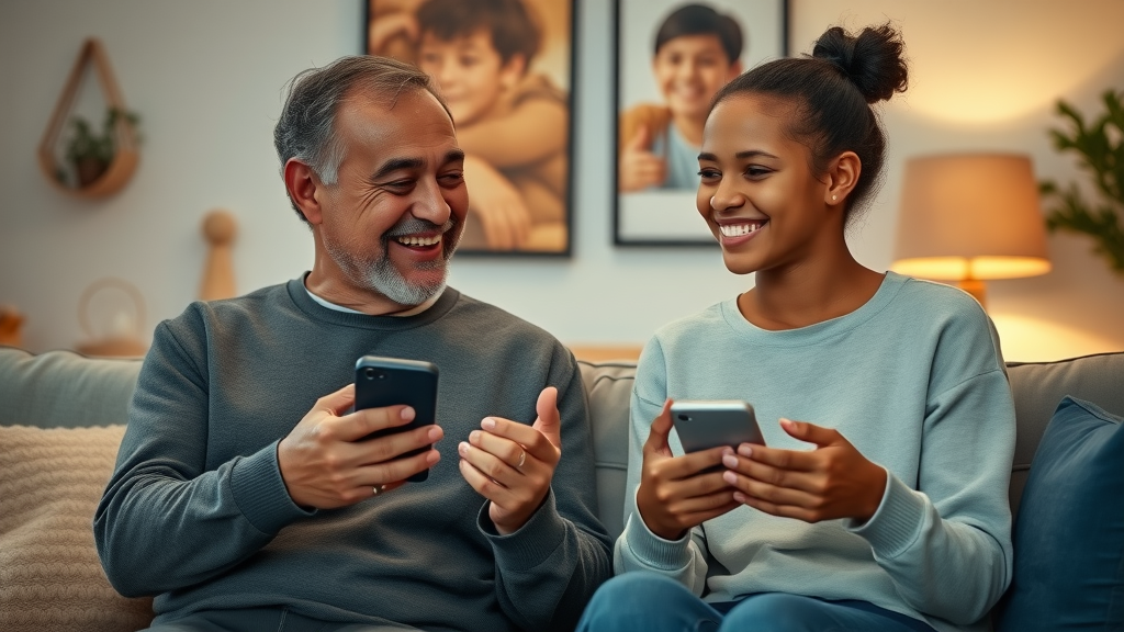 Warm conversation between parent and teen about healthy social media use in a cozy living room