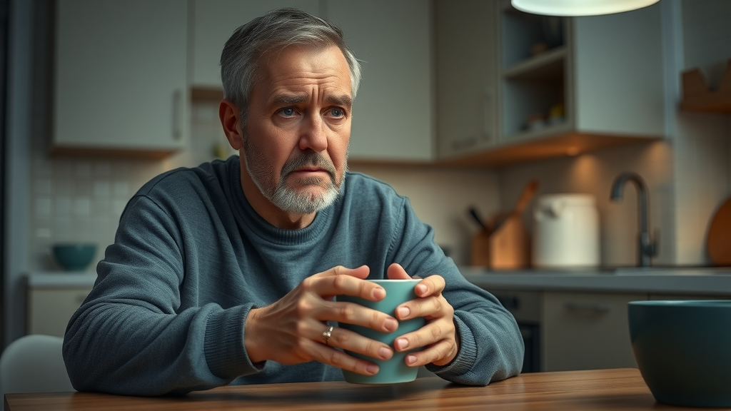 A worried middle-aged parent sits alone at a kitchen table at night, reflecting on parental stress management for parents of teens, warm ambient lighting.