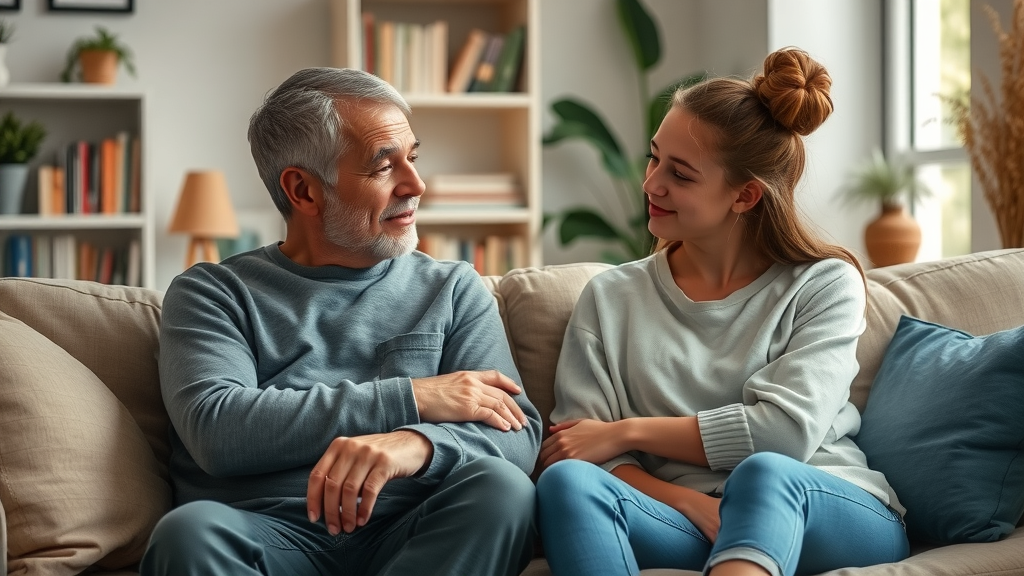 Compassionate parent and teen sitting on a couch, discussing stress management for parents of teens, warm ambiance.