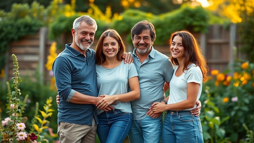 Supportive family in a backyard garden, showing togetherness and the important role of stress management for parents of teens.