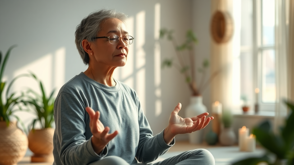 Focused parent practicing meditation as a stress management technique for parents of teens, calm environment.