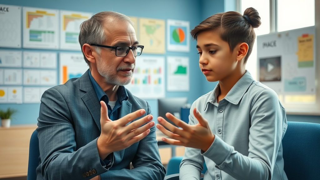 school psychologist guiding adolescent through cognitive test for learning disability diagnosis in a supportive education office