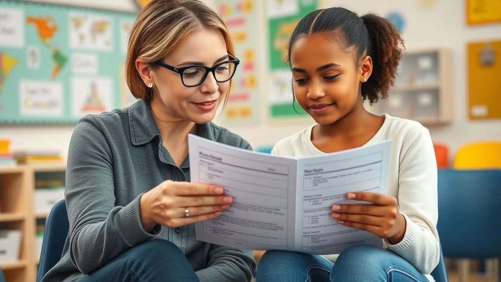 compassionate teacher reviewing Individualized Education Plan with adolescent, supporting specific learning disabilities in a positive classroom setting