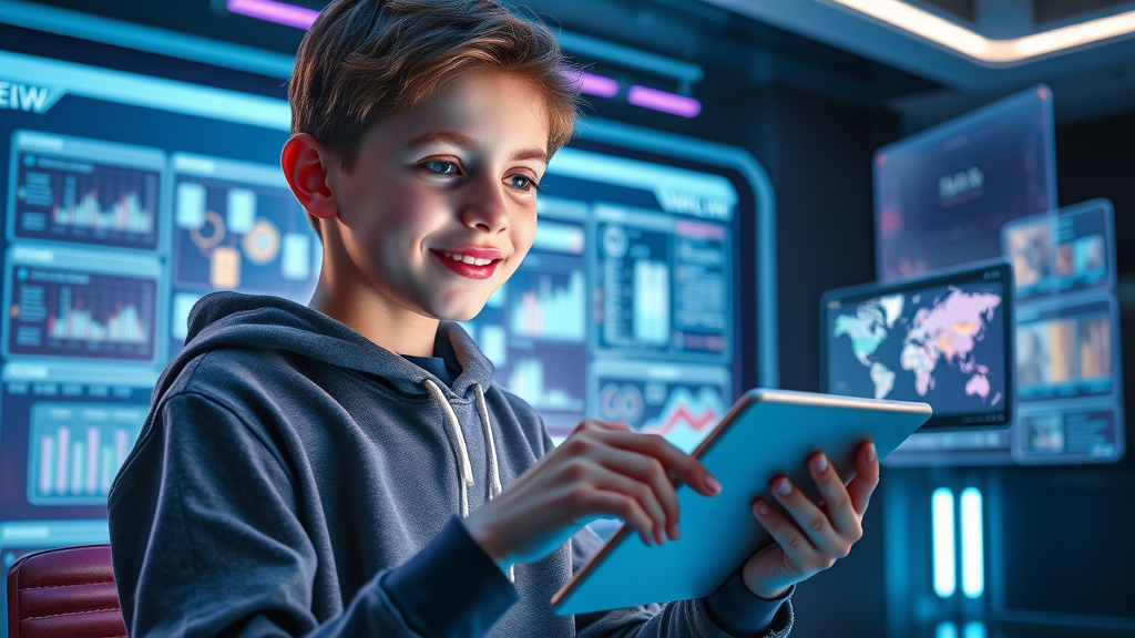teenager using educational tablet app to support adolescent learning difficulties in a futuristic study space