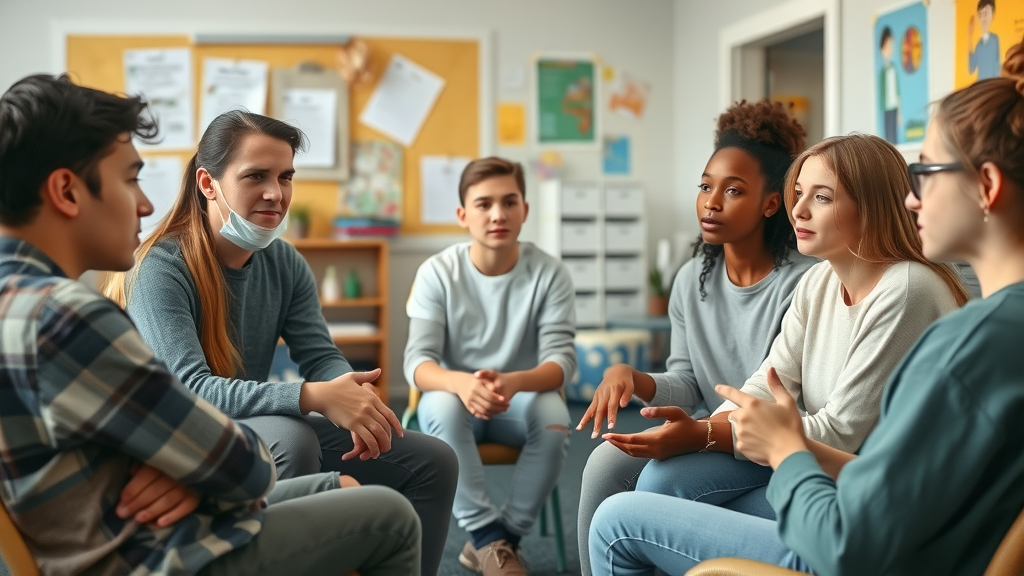 thoughtful diverse teenagers help teens express emotions, sitting in a circle in a bright school counseling room
