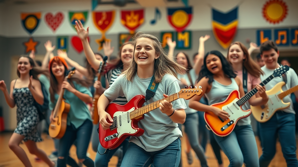 joyful group of teens help teens express emotions by dancing and playing musical instruments in a gym