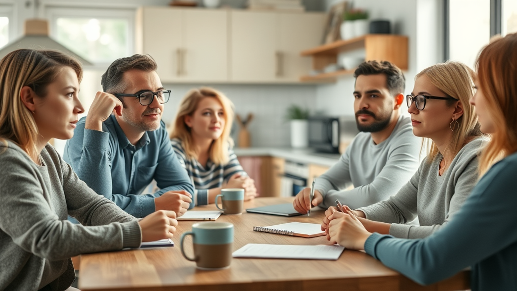 Candid family discussion using parenting teens professional resources, parents and teens seated together in a bright modern home kitchen