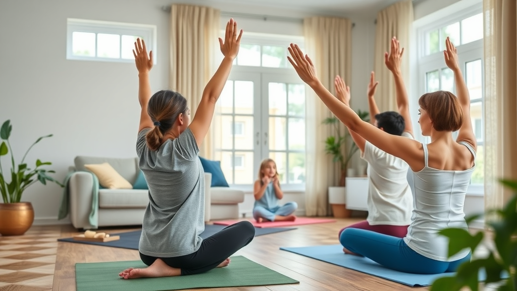 Serene family yoga session: Parents and teens using stress management from parenting teens professional resources in a peaceful living room