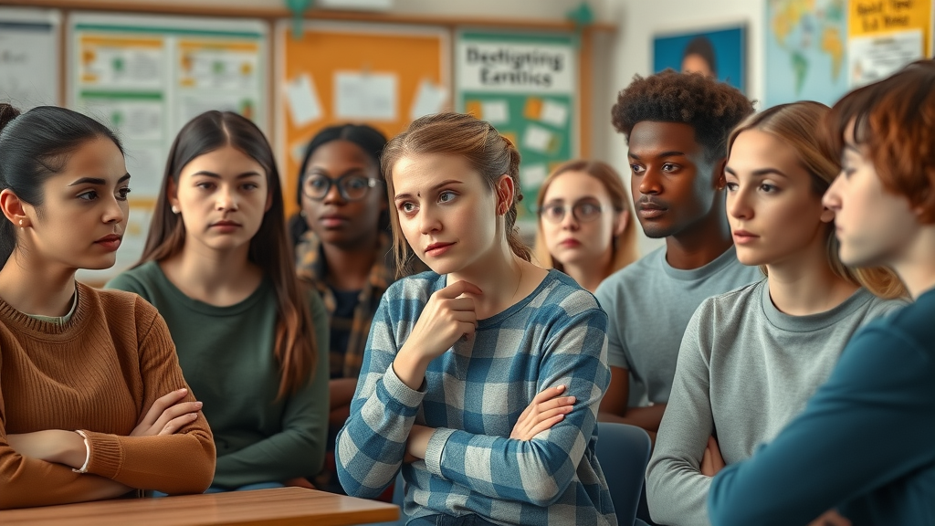 thoughtful diverse group of teenagers discussing in classroom representing examples of risky behavior in adolescence