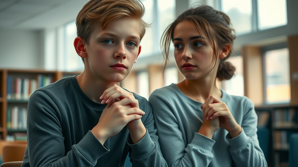 serious teenage boy and girl contemplating risky behavior in adolescence in school library