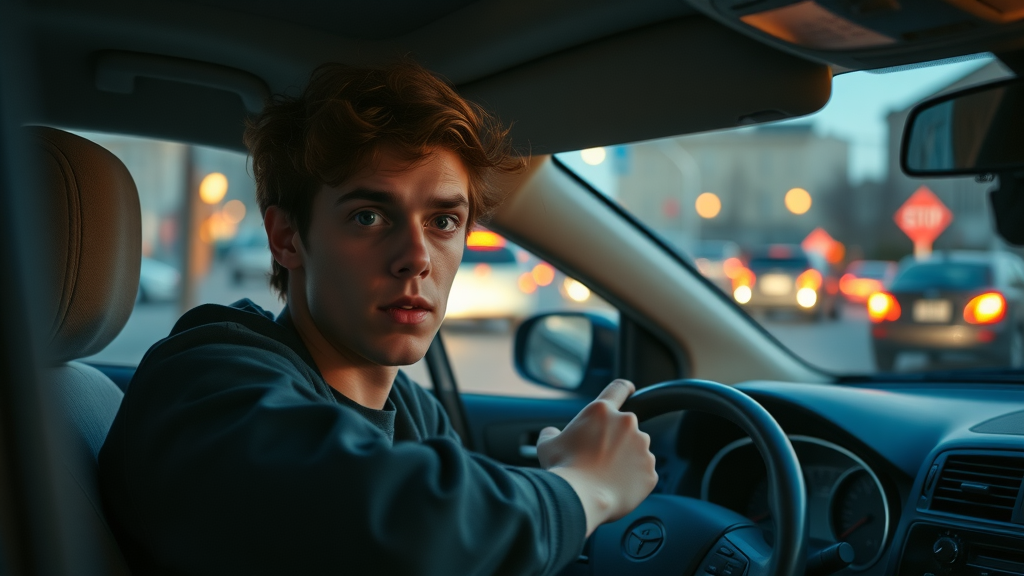 nervous young teen experiencing risky behavior while driving in adolescence