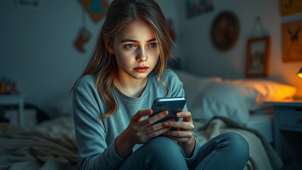 concerned teenage girl staring at phone in dim bedroom, representing teen social media addiction, photorealistic high fidelity lifelike