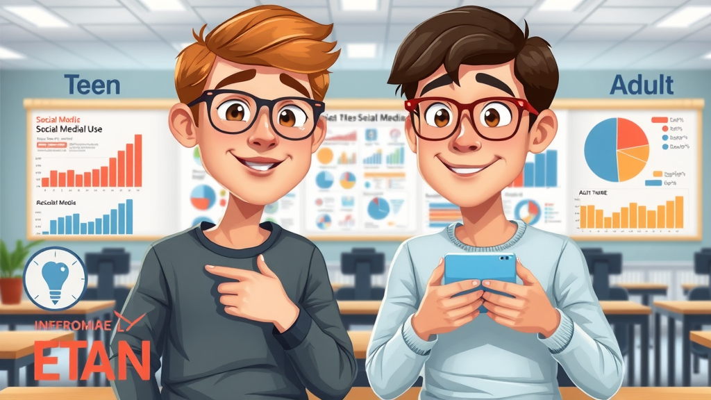 infographic comparing social media usage hours in teens versus adults, highlighting teen social media addiction
